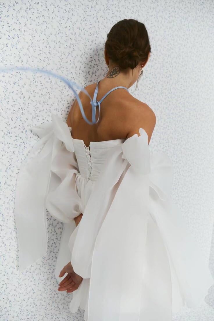 Short Wedding Dresses for Bride Long Sleeve Organza Bridal Gown Pleated Off Shoulder Wedding Dress with Bow