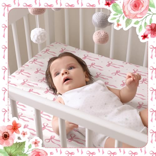 Image of Peryiter 2 Pack Crib Sheets for Girls Boys Coquette Bed Sheet Set Fitted 52'' x 28 inch for Standard Crib Mattress Stretchable Soft Toddler Aesthetic Nursery Decor(Bow,Pink)
