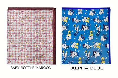 Image of EcoSoft Plastic Sheet,PVC Sheet for Kids,Rubber Sheet for Babies,Bed Wetting Protector(90 x 135 cm) (Blue Alphabet & Maroon Baby Bottle)