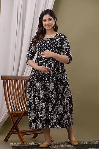 Image of Maternity Feeding Kurti for Women | Cotton Blend Anarkali Dress with Nursing Zip for Pre & Post Pregnancy
