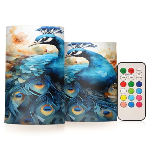 Image of ALAZA Peacock Flickering Flameless Candles Battery Operated with Remote Timer,Tea Light Candles LED Pillar Votive Candles Set of 2 for Outdoor Indoor Decorations