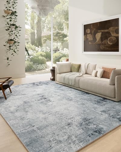 Washable Living Room Area Rugs: 9'x12' Large Rug Stain Resistant Distressed Abstract Rug Non Slip Low Pile Faux Wool Soft Area Rug for Bedroom Bedside Indoor Kids Playroom Dorm Nursery Dining Room