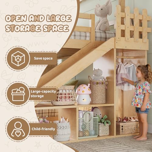 Image of Bellemave Twin Over Full House Bunk Bed with Slide and Storage Shelves for Kids,Solid Wood Floor Bunk Bed Frame with Wardrobe and Inclined Ladder for Girls Boys,Natural