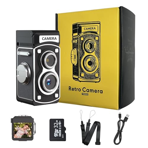LENANE Mini Vintage Digital Camera - 1080P FHD Retro TLR Style Point and Shoot Auto Focus Compact & Portable Volgging Camera with 32GB Card Ideal for Birthday Gifts Beginners Teens
