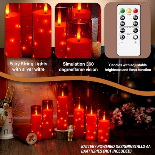 Image of kakoya Flameless LED Candles with Timer 24 Pc Flickering Flameless Candles for Romantic Ambiance and Home Decoration Stable Acrylic Shell,with Embedded Star String,Battery Operated Candles(Red)