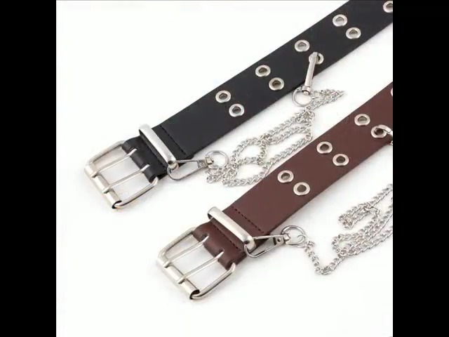 CHILDWEET Punk Style Eyelet Belt – Double Row Holes, Artificial Leather, Unisex Black Waist Belt (110cm)