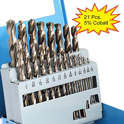 COMOWARE Cobalt Drill Bit Set- 21Pcs M35 High Speed Steel Twist Jobber Length