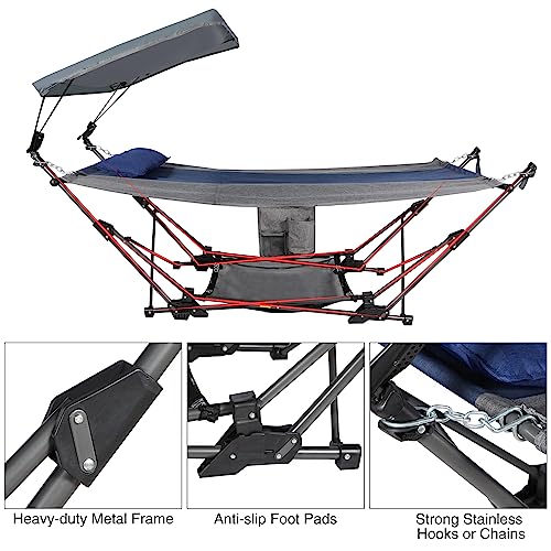 RedSwing Portable Folding Hammock with Removable Canopy, Freestanding Hammock with Collapsible Steel Stand for Outdoor Yard Beach, Foldable Hammock with Pillow and Storage Net, 264lbs Capacity