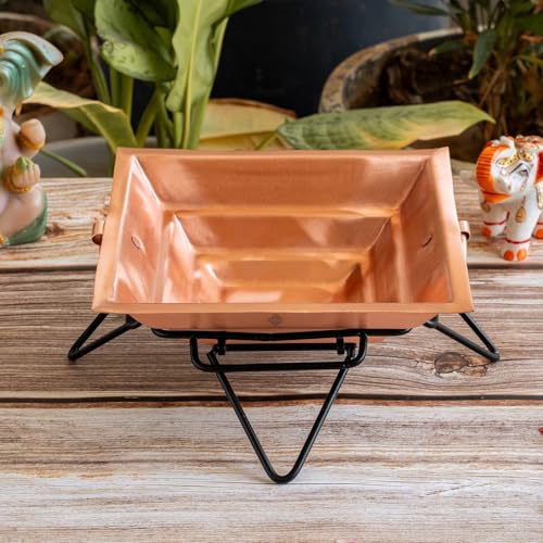 Image of Indian Art Villa Pure Copper Hawan Kund with Stand & Side Handles, Traditional Yagya, Hawan & Poojan Kund for Home Mandir, Festivals & Religious Ceremonies, 2.3 x 8.1 Inches