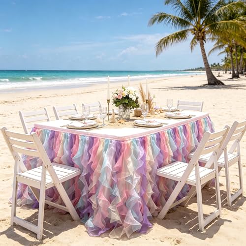Image of Luxury Organza Mesh Table Skirt Draping Floating Romance - Perfect for Bridal Showers, Birthday Weddings - Clear Flowing Decoration for a Wonderful Main Cake Table (Colorful-6ft, 72 inchLx30 inchH)