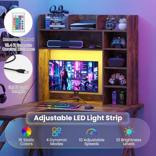 Image of Tangkula Desktop Bookshelf with LED Lights, Desk Hutch with 8 Shelves for Max 25 inch Monitor, Desktop 5-Tier Display Rack, Multipurpose Wood Desktop Storage Hutch Organizer for Dorm Office Home