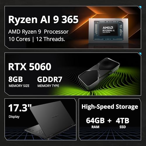 Image of HP Omen 17 17.3 inch FHD Gaming Laptop, NVIDIA GeForce RTX 5060, AMD Ryzen AI 9 365, 64GB RAM, 5TB Storage(4TB SSD&1TB Docking Station Set), 144Hz, Backlit Keyboard, IR Camera, Win 11, Black