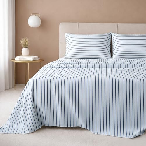 Image of California Design Den Printed Striped Bed Sheets Full Size Set - 600 Thread Count, 100% Cotton Sateen, Premium Deep Pocket Full Sheet Set - Classic Blue Stripe Print