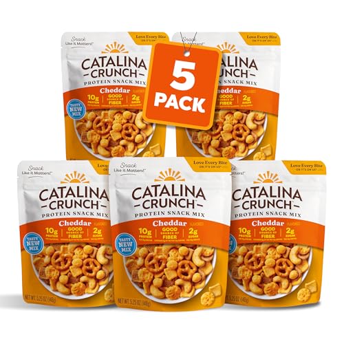 Image of Catalina Crunch Protein Snack Mix with Cheese Crisps | 10g Protein, 2g Sugar per Serving | Good Source of Fiber,Gluten Free | Cheddar, 5.25 Ounce Bag (Pack of 5) - Packaging May Vary | with Cheese Crisps, 10g Protein, 2g Sugar per Serving, Good Source of Fiber, Gluten Free, Packaging May Vary
