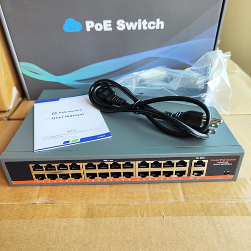 Image of 24-Port Unmanaged Gigabit PoE+ Switch with 2 Gigabit Uplink Ports, Up to 400W, IEEE 802.3af /at Compliant, VLAN Support, 250M Extend, Desktop /Wall Mount, Plug and Play Metal Network Switch