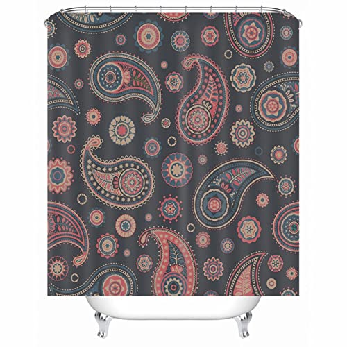 EHOMERY Duschvorhangbefestigungen Duschrollo Seitlich Ausziehbar Vintages Blumen-Herz-Blatt-Muster Polyester Dunkelgrau Rostfreie Ösen Und 12 Hakenringe, 160X180Cm