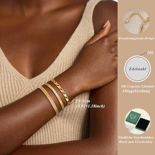 FUNEIA FUNElA 3 Stück Armband Damen Gold Silber Armreif 18k Vergoldet Edelstahl Armbander Set Goldene Wasserfest Stapelbare Verstellbare Armkette CZ Zirconia Knoten Armreifen Tennisarmband Chmuck für Frauen - Produktansicht 3 | Schmuck