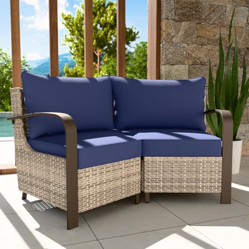 EAGLE PEAK Coastal Vista Patio Outdoor Wicker Love Seat with Deep Seating, Comfortable 4 inch Cushion, Blue