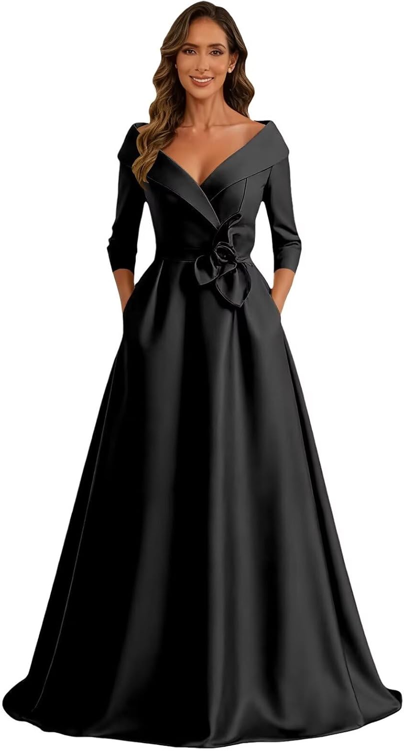 Satin Mother of The Bride Dresses for Women with Sleeves A Line Long Formal Evening Gowns