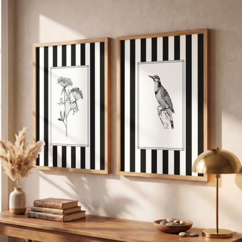 Image of YANVEER Set of 2 Minimalist Black & White Framed Wall Painting for Living Room | Modern Botanical & Bird Illustration Wall Art | Aesthetic Striped Wall Decor Frames for Bedroom, Office & Hall (13x inches)