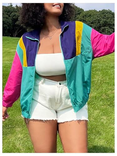 Floerns Women's Plus Size Color Block Jackets Collared Full Zip Long Sleeve Windbreaker Outwear2