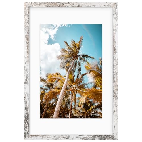 Image of Frametory, 16x24 Picture Frame with Mat for 12x18 Picture- - High Definition Glass Wide Molding - Preinstalled Wall Mounting Hardware (Distressed White, 1 Pack)