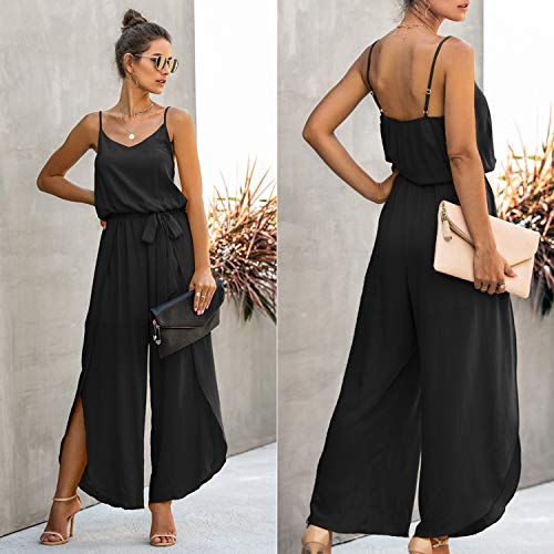 Ecowish Womens Jumpsuit Spaghetti Strap Wide Leg Split Jumpsuits Long Overalls Summer Beach Loose Fit Rompers With Belt Black Medium #TOP3