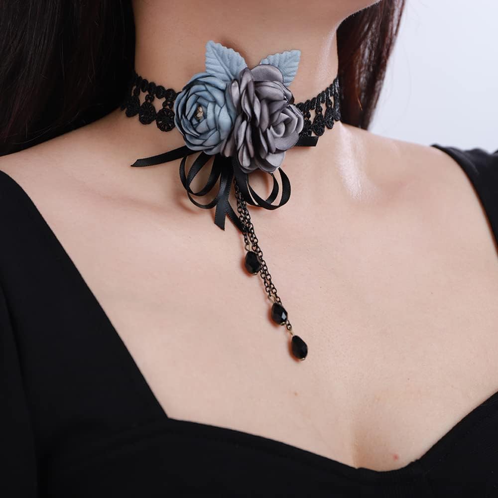 Xerling Elegant Flower Choker Necklace Black Lace Ribbon Choker Vintage Victorian Costume Necklaces for Bridal Wedding Crystal Beads Pendant Necklaces for Women (Type C) - Image 3