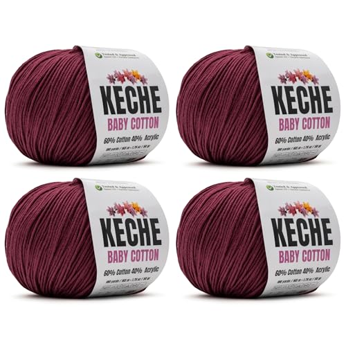 Image of Keche Cotton Yarn, 60% Cotton 40% Acrylic Yarn, Soft Cotton Yarn for Crochet and Knitting, Amigurumi Yarn 4 Skeins /Balls [1.76 Oz (50g) / 180 Yrds (165m)] x 4 - Claret Red