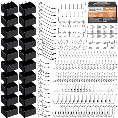 INCLY 320PCS Pegboard Accessories Organizer Kit with Peg Borad Hooks & Bins | Peg Board Hooks Assortment, For Organizing Various Tools, Fit 1/8 or 1/4 inch Pegboard, For Garage Hanging & Storage Tools
