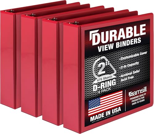 Image of Samsill Durable 2 inch 3 Ring Binder, D Ring Binder, 100% Recycled Chipboard, Red, 4 Pack