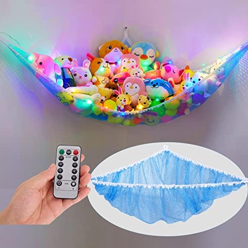 Stuffed Animal Hammock With LED Lights - Corner Storage Net For Plush Toys & Room Decor