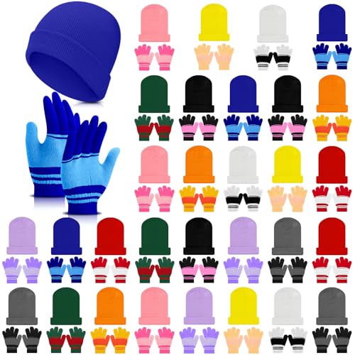 Image of Handepo 60Pcs Kids Winter Beanie and Gloves Bulk Knit Hats Gloves Warm Unisex Cold Weather Winter Gifts for Boy Girl Homeless