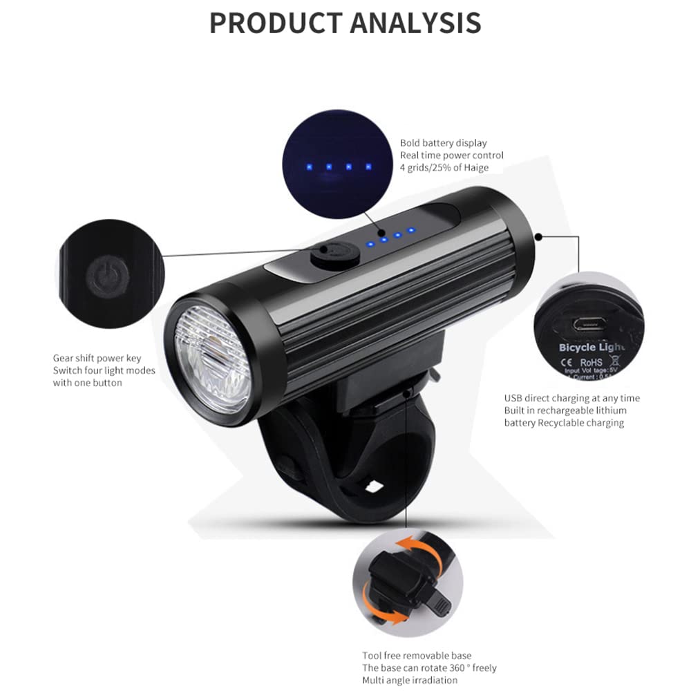 Luz Delantera para Bicicleta de 2500 mA con Carga USB, Resistente al Agua, para Bicicleta de montaña y para Paseos nocturnos. Accesorios para Bicicleta.