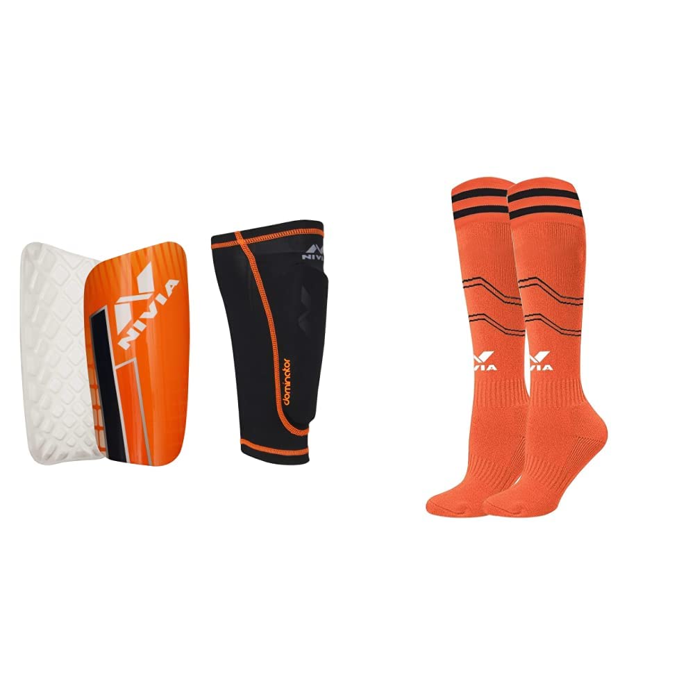 Nivia Dominator 7027 Football Shin Guards with Sleeves, Medium (Blue/White/Orange) & Nivia Soccer Stockings PP Medium, (Orange) Combo (B086158LD1) Amazon Price History, Amazon Price Tracker