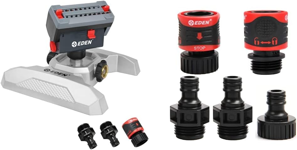 Eden 94127 Metal Adjustable 4-Way Mini Turbo Oscillating Sprinkler W/Quick Connect Starter Set & 95210 Premium Garden Hose Fitting Quick Connect with Water Stop & Lock Feature, 5 pc Set