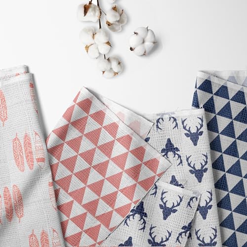 Image of Bacati - Tribal /Aztec Cotton Muslin Fabric Hooded Towels /Wash Cloths(Set of 3) (Set of 3 Wash Cloths, Feathers /Triangles Coral /Navy)