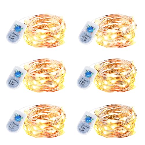 innolife 6 Stück Aufgerüstet LED Lichterkette mit Timer, CR2450 Batterie, 2M 20LEDs Kupferdraht Mini Lichterketten Klein für Party Weihnachten Halloween, Wasserdichte Innen Deko Lichter, Warmweiß