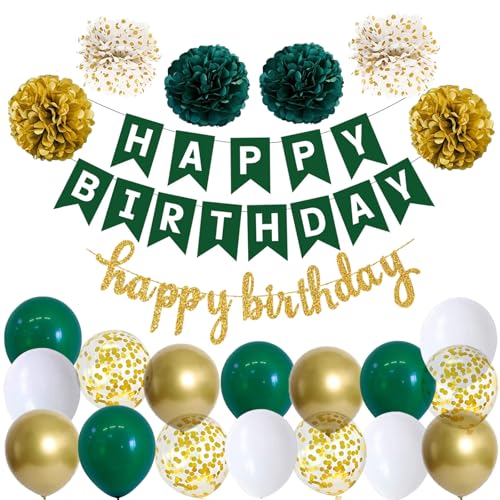Happy Birthday-verjaardagslinger, donkergroen, decoratie voor verjaardagsfeestje, slinger, ballonnen, 6 pompons, verjaardagsdecoratie, dames