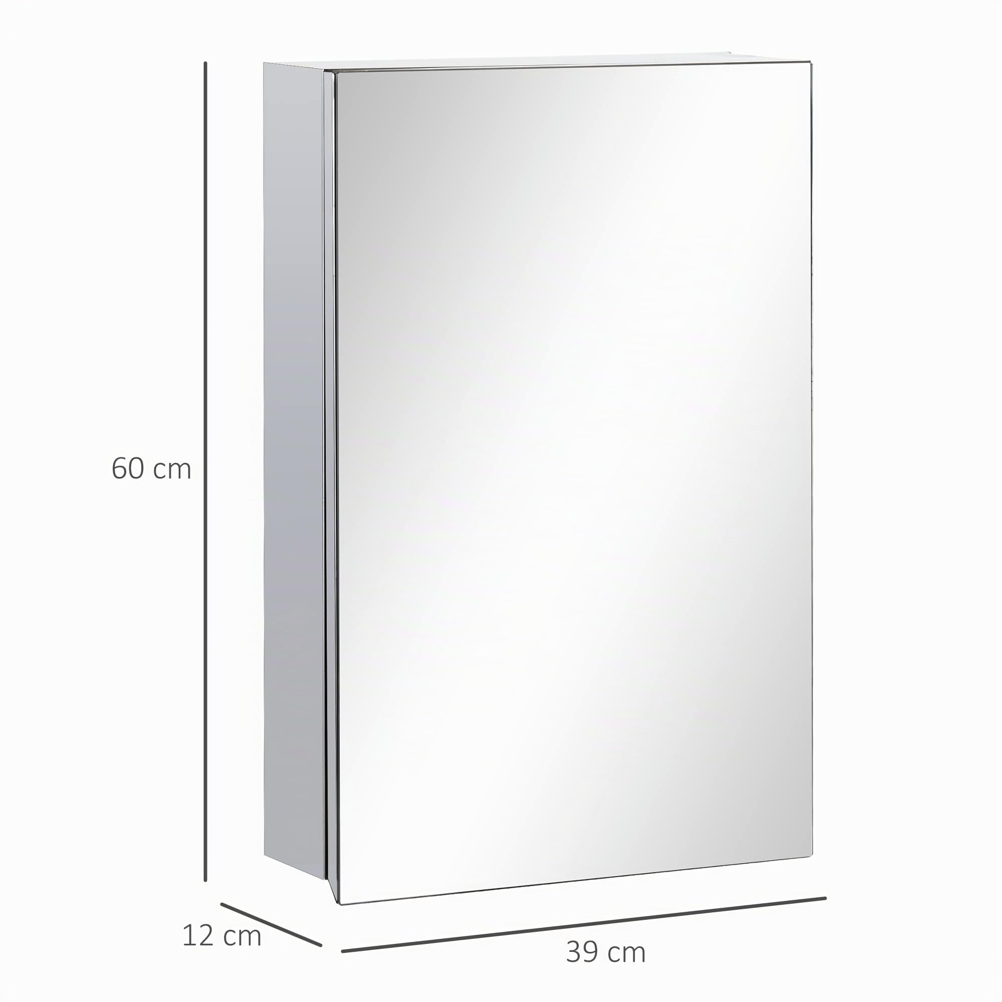 kleankin Armario de Baño con Espejo Armario de Pared 39x12x60 cm Plata | Mueble Colgante para Baño, con Puerta, 3 Estantes de Almacenamiento, para Ducha Aseo