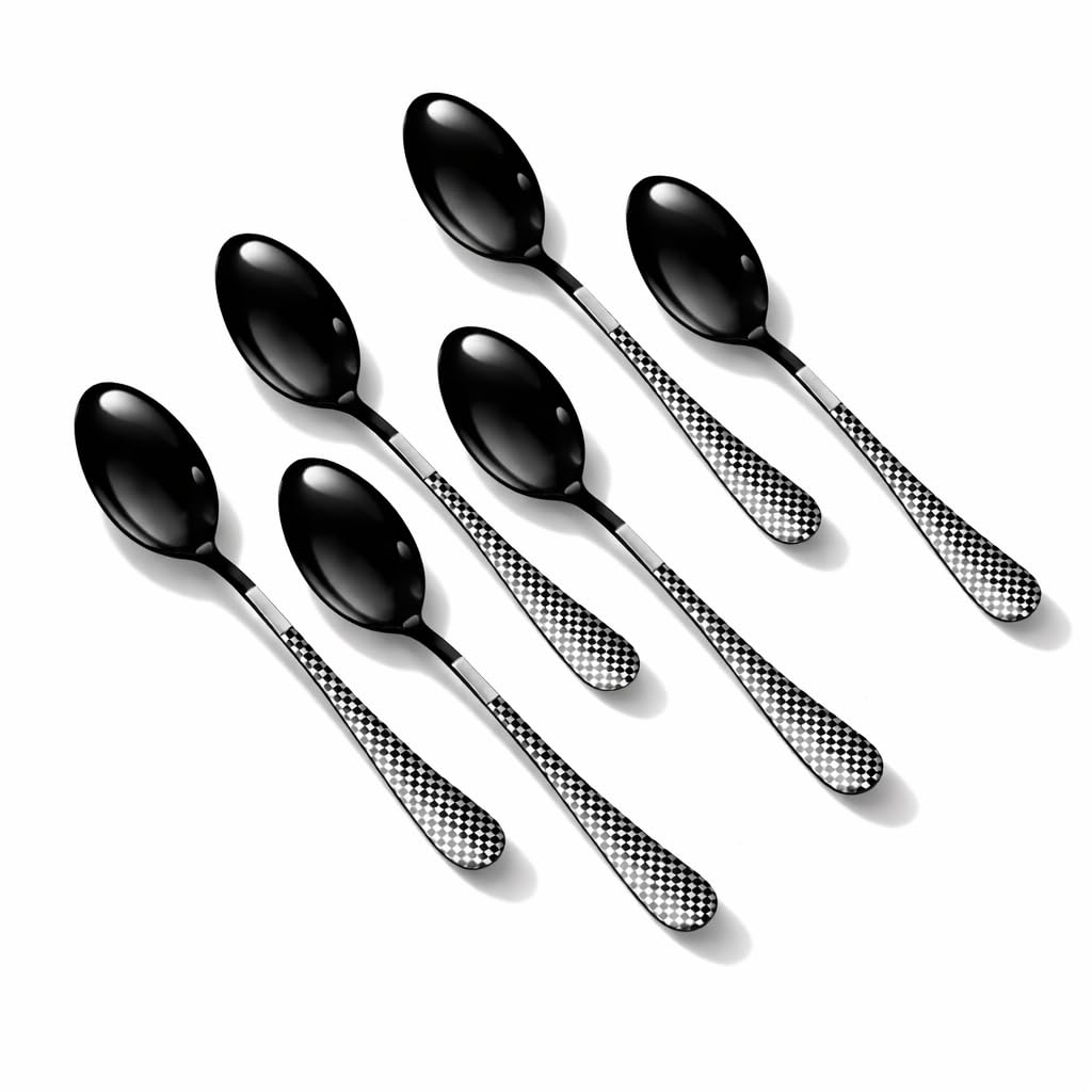 Shipnetic Black Dinner Spoons Set of 6 Stainless Steel Table Spoons with Mirror Finish, Ergonomic Handle, Dishwasher Safe, Heavyweight Flatware for Home, Kitchen & Restaurant