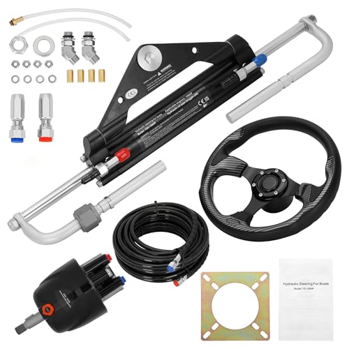 Vikua 150hp Hydraulic Outboard Steering Kit with Steering Wheel, Cylinder, Helm Pump, Hoses, and Installation Parts – A Complete Boat Hydraulic Steering System for Single Engine Boats