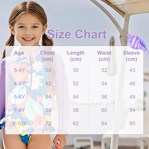 Image of Kids Girls Swimsuit Long Sleeve One Piece Swimwear Zipper Bathing Suit UV Protection Rash Guard Swimming