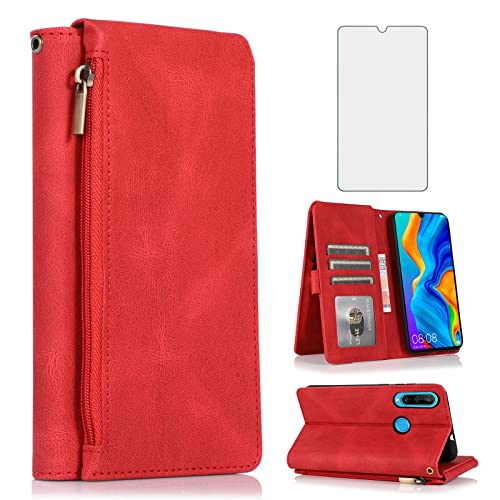 Asuwish Compatible con Huawei P30 Lite Funda tipo cartera de vidrio templado Protector de pantalla con cremallera de cuero Flip Cover titular de la tarjeta Soporte Accesorios celulares Teléfono para