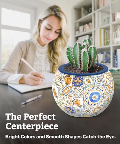 Image of PieceRelax 3D Puzzle Planter - Retro Tiles - Danish Folklore Style, for Mom, Home Decor Flower Pots for Indoor Cactus, Succulents Pots [K1104]