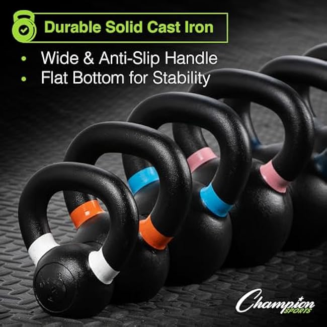 Champion Sports Rhino Fitness 5LB to 60 LB Iron Kettlebells - Full Body Powder Coated - Textured for Improved Grip - Color Coded handles