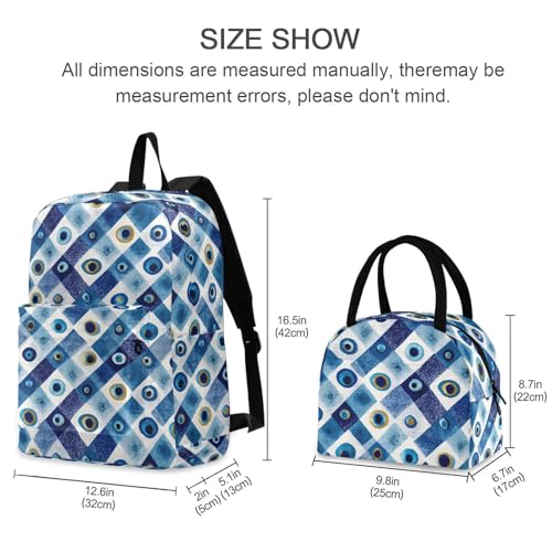 Blue Evil Eye Print Backpack Set with Lunch Bag, Large Capacity Travel Backpacks and Lunch Box Insulated for Commute Hiking Picnic2