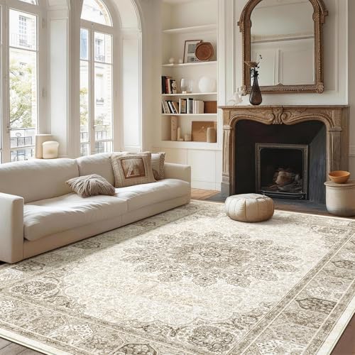 BYBSRLL Vintage Teppich Wohnzimmer 120x180 cm - Weicher, Waschbarer & Rutschfester Kurzflor Teppiche, Orient Teppich Gegend für Esszimmer, Schlafzimmer, Kinderzimmer und Homeoffice, Alt-Beige