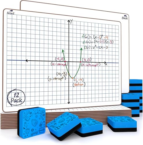 Dry Erase XY Axis Graph Lap Boards 9”X12” for Student and Classroom Use, Math whiteboards (Double Sided White Boards) Erasers Included (12 Pack Graph)