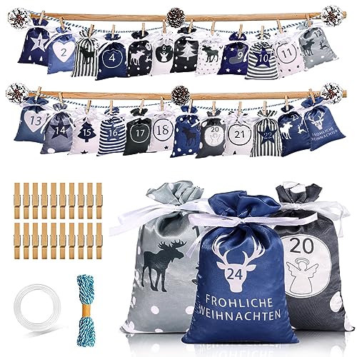 Sacos de calendário do advento de Natal 24 dias contagem regressiva bolsas de presente festival DIY sacos de enchimento de doces para decoração de Natal home office (azul + branco)